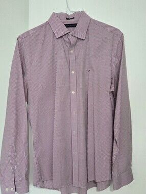Tommy Hilfiger Men’s White And Red Micro-Check Dress Shirt Sz 16 1/2 34/35
